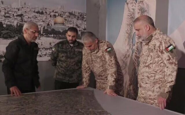 Mohammed Odeh, right, along with senior Hamas leaders Rafa’a Salameh, Abu Obeida, and Mohammed Deif, in an undated photo. (Used in accordance with Clause 27a of the Copyright Law)