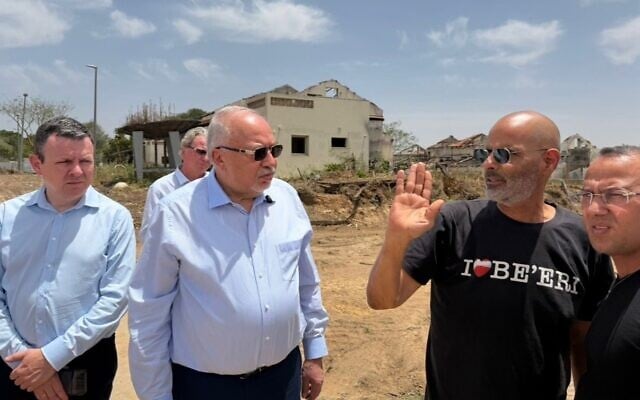 Yisrael Beytenu chairman Avigdor Liberman (center) visiting Kibbutz Be’eri on the Gaza border, May 14, 2025. (Courtesy Yisrael Beytenu) Yisrael Beytenu chairman Avigdor Liberman (center) visiting Kibbutz Be’eri on the Gaza border, May 14, 2025. (Courtesy Yisrael Beytenu)