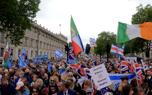 Attendees at a rally against antisemitism in London, May 10, 2026. (Screenshot/YouTube)