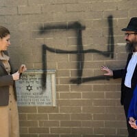 New York City Council Speaker Julie Menin, center left, visits a synagogue defaced with a swastika, in Queens, New York City, May 4, 2026. (Courtesy/ New York City Council Speaker's Office)