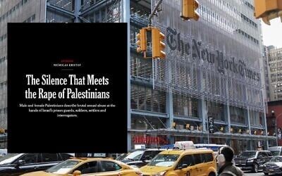 A screenshot of a May 2026 New York Times column by Nicholas Kristof, set against The New York Times building in New York City. (Screenshot/Angela Weiss / AFP via Getty Images via JTA)