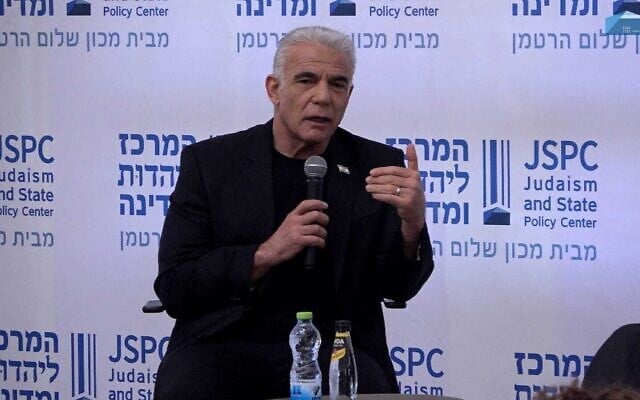 Yair Lapid speaks at the Shalom Hartman Institute on May 11, 2026. (Courtesy of the Shalom Hartman Institute) Yair Lapid speaks at the Shalom Hartman Institute on May 11, 2026. (Courtesy of the Shalom Hartman Institute)