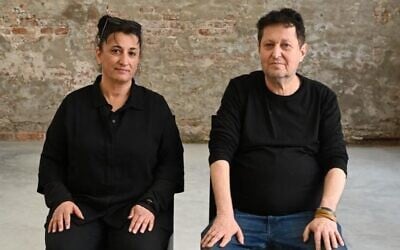 Curator Avital Bar-Ishay and artist Belu-Simion Fainaru at the Israel pavilion at the Israel pavilion at the Venice 2026 Biennale Art, May 11, 2026. (Courtesy)