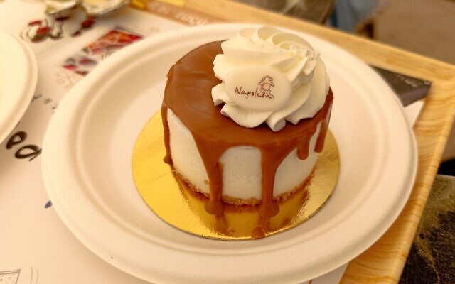 The cheese mousse at Napoleon Patisserie is heavy and delicious (Zev Stub/Times of Israel)