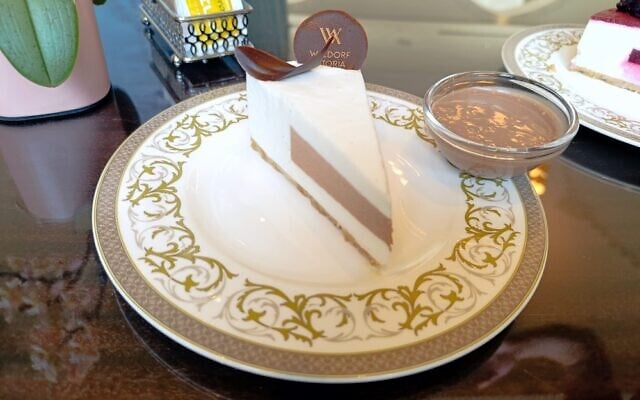 A no-bake chocolate cheesecake at the Waldorf Astoria Hotel in Jerusalem, part of the hotel's Shavuot cheesecake collection. (Zev Stub/Times of Israel)