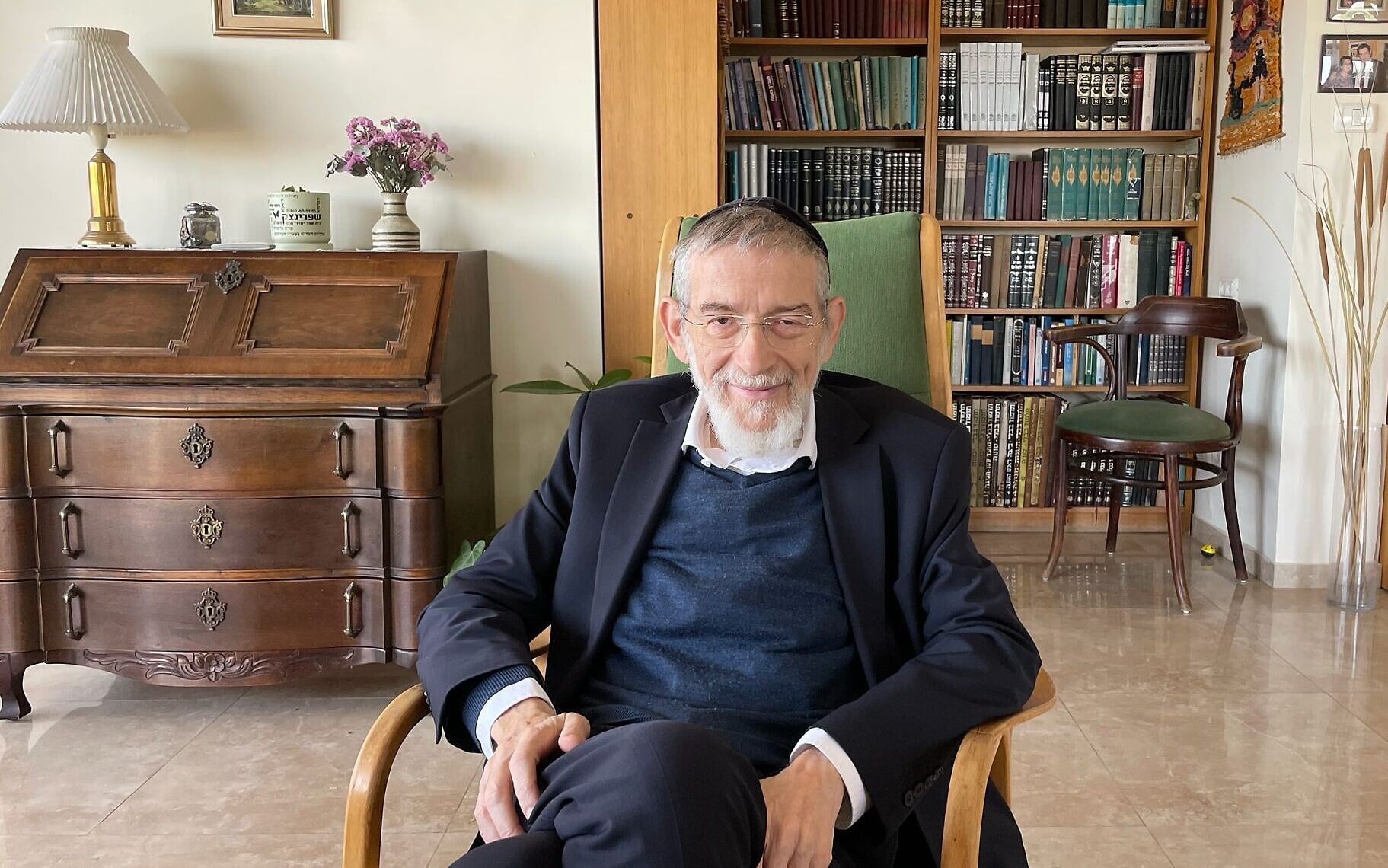 Rabbi Michael Melchior in his apartment in Jerusalem on May 14, 2026. (Rossella Tercatin/Times of Israel) Rabbi Michael Melchior in his apartment in Jerusalem on May 14, 2026. (Rossella Tercatin/Times of Israel)
