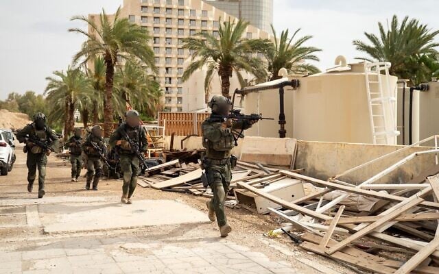 Troops of the IAF's Shaldag Unit carry out a drill in the Dead Sea hotels area on the Jordanian border, May 15, 2026. (Israel Defense Forces) Troops of the IAF's Shaldag Unit carry out a drill in the Dead Sea hotels area on the Jordanian border, May 15, 2026. (Israel Defense Forces)