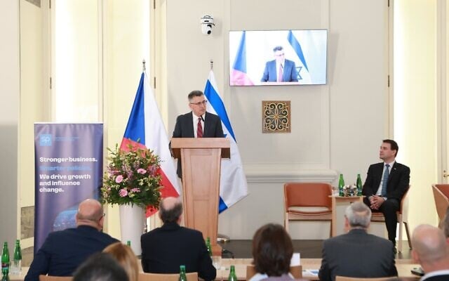 Foreign Minister Gideon Sa’ar convenes a business forum with Israeli and Czech businesspeople during a visit to the Czech Republic, May 20, 2026. (Shalev Man/GPO) Foreign Minister Gideon Sa’ar convenes a business forum with Israeli and Czech businesspeople during a visit to the Czech Republic, May 20, 2026. (Shalev Man/GPO)