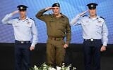 Incoming IAF chief Maj. Gen. Omer Tischler (left), IDF Chief of Staff Lt. Gen. Eyal Zamir (center) and outgoing IAF chief Maj. Gen. Tomer Bar at a handover ceremony at the Tel Nof Airbase, May 5, 2026. (Israel Defense Forces)