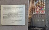 Plaques installed in April 2026 inside the Cathedral of St. Michael in Brussels explain and apologize for the antisemitic violence depicted in the stained glass windows. (Courtesy of Flora Cassen)