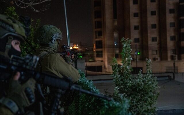 Israeli troops operate in the West Bank to detain Palestinians suspected of terror activity, in a photo cleared for publication May 21, 2026. (Israel Defense Forces) Israeli troops operate in the West Bank to detain Palestinians suspected of terror activity, in a photo cleared for publication May 21, 2026. (Israel Defense Forces)