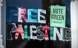 A Green Party poster displaying in a window in London on April 29, 2026. (Carl Court/Getty Images via JTA)