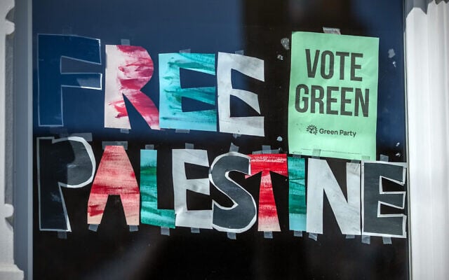 A Green Party poster displaying in a window in London on April 29, 2026. (Carl Court/Getty Images via JTA) A Green Party poster displaying in a window in London on April 29, 2026. (Carl Court/Getty Images via JTA)