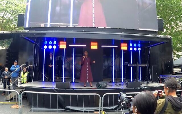 UK Conservative Party leader Kemi Badenoch speaks to a rally in London against antisemitism on May 10, 2026. (Screenshot)