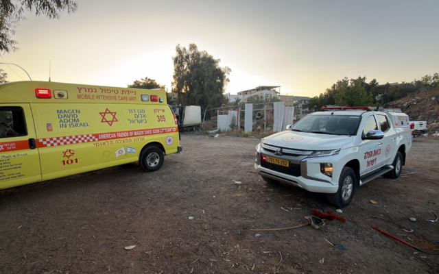 Paramedics arrive at the scene of a suspected homicide, in which a man's body was found inside a burning truck in Ramle on May 23, 2026. (Magen David Adom)