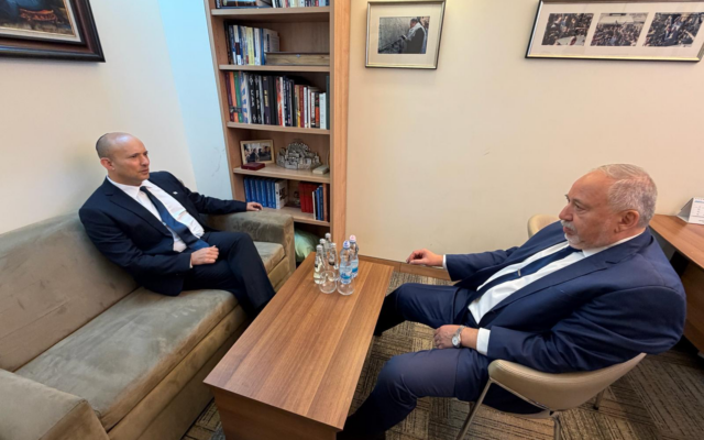 Naftali Bennett (left) and Avigdor Liberman meet in the Knesset on May 20, 2026. (Courtesy Together party) Naftali Bennett (left) and Avigdor Liberman meet in the Knesset on May 20, 2026. (Courtesy Together party)