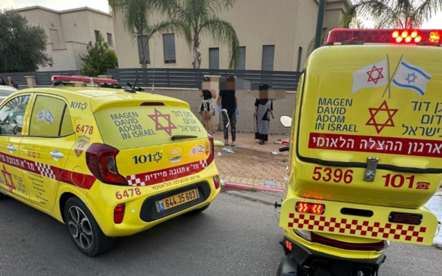 Paramedics arrive at the scene of a vehicle impact that critically injured a 3-year-old boy in Or Akiva on May 27, 2026. (Magen David Adom)