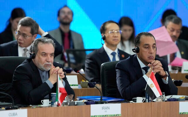 Iranian Foreign Minister Abbas Araghchi, left, and Egypt's Prime Minister Mostafa Madbouly attending the 17th annual BRICS summit in Rio de Janeiro, July 6, 2025. (Eraldo Peres/AP) Iranian Foreign Minister Abbas Araghchi, left, and Egypt's Prime Minister Mostafa Madbouly attending the 17th annual BRICS summit in Rio de Janeiro, July 6, 2025. (Eraldo Peres/AP)