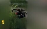 A fiber optic-guided FPV drone is seen in footage published by Hezbollah on May 7, 2026. (Hezbollah media office)