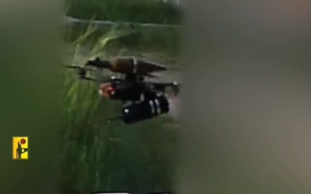 A fiber optic-guided FPV drone is seen in footage published by Hezbollah on May 7, 2026. (Hezbollah media office)