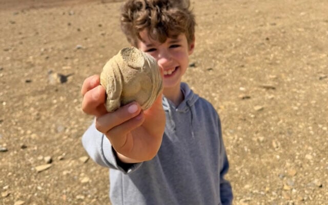Eight-year-old Dor Wolynitz finds a 1700-year-old figurine fragment while hiking in the Negev, in a discovery announced by the Israel Antiquities Authority on May 11, 2026. (Akiva Goldenhersh/Israel Antiquities Authority)
