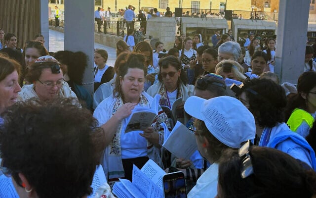 A prayer service at the Western Wall held by the Women of the Wall group marking the beginning of the Hebrew month of Tammuz on June 16, 2026. (Gabriella Jacobs/Times of Israel)