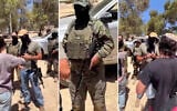 An armed settler accompanied by IDF soldiers tells Palestinians and Israeli civil rights activists that only Jews can stay on privately owned Palestinian land in Area B of the West Bank, on the outskirts of the Palestinian town of Tarqumiyah, during a confrontation on June 5, 2026 (Screenshot composite, courtesy)