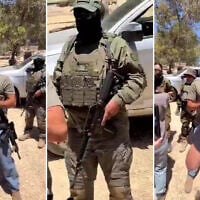 An armed settler accompanied by IDF soldiers tells Palestinians and Israeli civil rights activists that only Jews can stay on privately owned Palestinian land in Area B of the West Bank, on the outskirts of the Palestinian town of Tarqumiyah, during a confrontation on June 5, 2026 (Screenshot composite, courtesy)