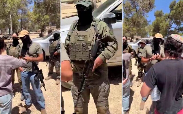 An armed settler accompanied by IDF soldiers tells Palestinians and Israeli civil rights activists that only Jews can stay on privately owned Palestinian land in Area B of the West Bank, on the outskirts of the Palestinian town of Tarqumiyah, during a confrontation on June 5, 2026 (Screenshot composite, courtesy) An armed settler accompanied by IDF soldiers tells Palestinians and Israeli civil rights activists that only Jews can stay on privately owned Palestinian land in Area B of the West Bank, on the outskirts of the Palestinian town of Tarqumiyah, during a confrontation on June 5, 2026 (Screenshot composite, courtesy)