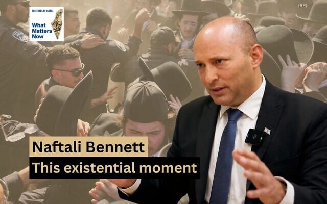 Former prime minister Naftali Bennett (ToI) / Ultra-Orthodox Jewish men scuffle with police during a protest against military recruitment and call for the release of detained draft resisters outside a military prison near Kfar Yona, Israel, June 17, 2026. (AP Photo/Ariel Schalit)