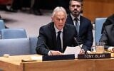 Sir Tony Blair, former prime minister of United Kingdom and Board of Peace Gaza Executive Board speaks during a UN Security Council meeting on The situation in the Middle Eas in New York, New York on April 28, 2026. (Lev Radin/ZUMA Press Wire)