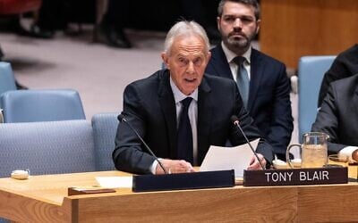 Sir Tony Blair, former prime minister of United Kingdom and Board of Peace Gaza Executive Board speaks during a UN Security Council meeting on The situation in the Middle Eas in New York, New York on April 28, 2026. (Lev Radin/ZUMA Press Wire)