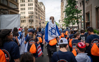 Israel Day on Fifth parade in New York City, May 31, 2026. (Luke Tress/Times of Israel)