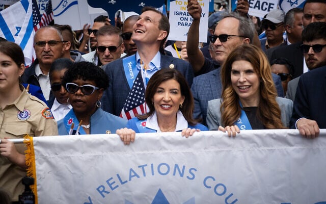 New York Governor Kathy Hochul, center, and New York City Speaker Julie Menin, right, at the Israel Day on Fifth parade in New York City, May 31, 2026. (Luke Tress/Times of Israel) New York Governor Kathy Hochul, center, and New York City Speaker Julie Menin, right, at the Israel Day on Fifth parade in New York City, May 31, 2026. (Luke Tress/Times of Israel)