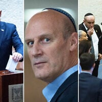 Left-to-right: Prime Minister Benjamin Netanyahu votes for the next state comptroller at the Knesset, June 3, 2026 (Yonatan Sindel/Flash90); Attorney Michael Rabello, elected by MKs as State Comptroller on June 3, 2026, seen at the Knesset on June 1, 2026. (Yonatan Sindel/Flash90); Likud Knesset Faction Secretary Aliza Barashi surrounded by MKs and Knesset officials during the chaotic vote to elect a new state comptroller, June 3, 2026. (Oren Ben Hakoon/Flash90)