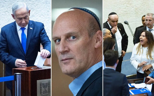 Left-to-right: Prime Minister Benjamin Netanyahu votes for the next state comptroller at the Knesset, June 3, 2026 (Yonatan Sindel/Flash90); Attorney Michael Rabello, elected by MKs as State Comptroller on June 3, 2026, seen at the Knesset on June 1, 2026. (Yonatan Sindel/Flash90); Likud Knesset Faction Secretary Aliza Barashi surrounded by MKs and Knesset officials during the chaotic vote to elect a new state comptroller, June 3, 2026. (Oren Ben Hakoon/Flash90)