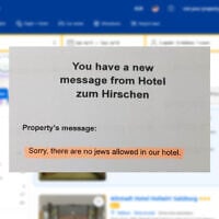 A composite image showing the antisemitic message reportedly sent to Israeli tourists by Hotel zum Hirschen in Lam, Germany, posted by Israel's consul general Talya Lador on June 2, 2026, overlaid on the booking.com website. (X, used in accordance with Clause 27a of the Copyright Law/Booking.com illustrative screenshot)