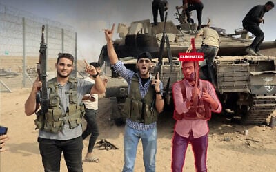Hamas terrorist Abd al-Rahman Maher Abd al-Karim Ziyada is seen by an IDF tank on October 7, 2023, in a photo published by the military on June 28, 2026. (Israel Defense Forces)