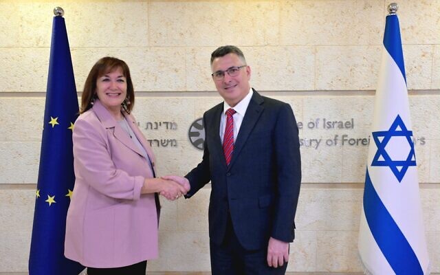 Foreign Minister Gideon Sa'ar, right, and European Union Commissioner for the Mediterranean Dubravka Suica meet at the Foreign Ministry in Jerusalem on June 22, 2026. (Shlomi Amsalem/GPO) Foreign Minister Gideon Sa'ar, right, and European Union Commissioner for the Mediterranean Dubravka Suica meet at the Foreign Ministry in Jerusalem on June 22, 2026. (Shlomi Amsalem/GPO)