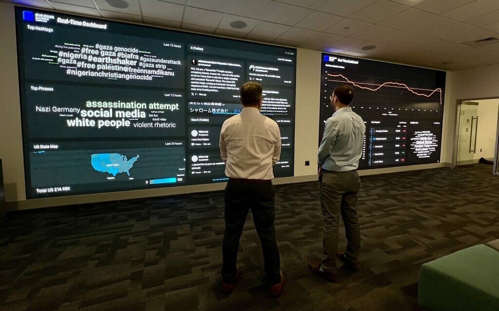 Steven Fransblow (left) and Adam Katz (right) look at the real-time dashboard at the Blue Square Alliance Against Hate command center in Foxborough, Massachusetts. (Jackie Hajdenberg/ JTA)