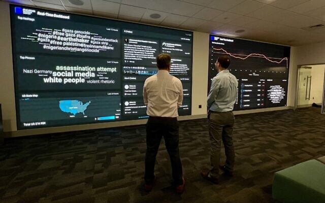 Steven Fransblow (left) and Adam Katz (right) look at the real-time dashboard at the Blue Square Alliance Against Hate command center in Foxborough, Massachusetts. (Jackie Hajdenberg/ JTA)