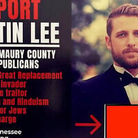 A mailer reading 'No wars for Jews,' among other messages, was sent to thousands of Tennessee households in June 2026 bearing the name of a local Young Republicans chapter. JTA removed the QR code. (Courtesy of Representative Scott Cepicky via JTA)