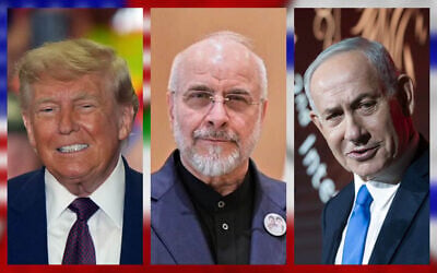 Left to right: US President Donald Trump in Macungie, PA, June 23, 2026. (AP Photo/Matt Rourke); Iran's Parliament Speaker Mohammad Bagher Ghalibaf, in Islamabad, Pakistan, on April 11, 2026. (Pakistan Prime Minister Office via AP); Prime Minister Benjamin Netanyahu speaks at the Jewish News Syndicate conference in Jerusalem, on June 21, 2026. (Chaim Goldberg/Flash90); US, Iranian and Israeli flags background image (Ruma Aktar/iStock)
