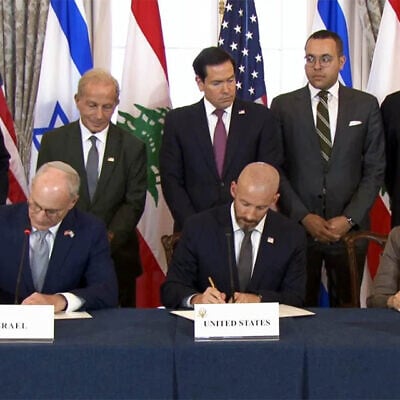 (From L-R) Israeli Ambassador to the US Yechiel Leiter, US State Department Counselor Dan Holler and Lebanese Ambassador Nada Hamadeh sign a framework agreement for a partial IDF withdrawal from south Lebanon at the State Department on June 26, 2026. (Screen capture/YouTube) (From L-R) Israeli Ambassador to the US Yechiel Leiter, US State Department Counselor Dan Holler and Lebanese Ambassador Nada Hamadeh sign a framework agreement for a partial IDF withdrawal from south Lebanon at the State Department on June 26, 2026. (Screen capture/YouTube)