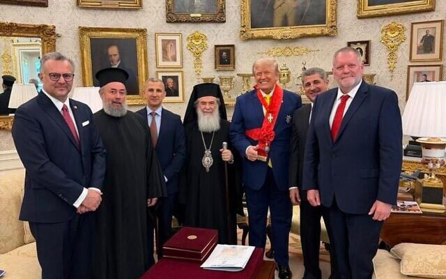 The Greek Orthodox Patriarch of Jerusalem, Theopholis III (Center) meets with US President Donald Trump (third right) in the Oval Office, on June 4, 2026. (White House) The Greek Orthodox Patriarch of Jerusalem, Theopholis III (Center) meets with US President Donald Trump (third right) in the Oval Office, on June 4, 2026. (White House)