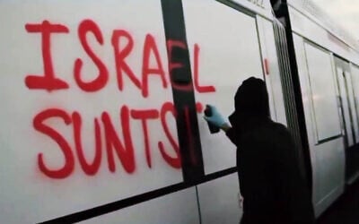 A pro-Palestinian, anti-Israel activist sprays the phrase "destroy Israel" in the Basque language on the side of a light rail carriage manufactured by CAF for the Tel Aviv light rail's Purple Line, in Beasain, Spain, in a video from June 4, 2026. (Screenshot/X, used in accordance with Clause 27a of the Copyright Law) A pro-Palestinian, anti-Israel activist sprays the phrase "destroy Israel" in the Basque language on the side of a light rail carriage manufactured by CAF for the Tel Aviv light rail's Purple Line, in Beasain, Spain, in a video from June 4, 2026. (Screenshot/X, used in accordance with Clause 27a of the Copyright Law)