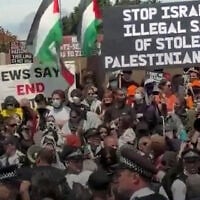 Protesters at an Israeli real estate event at a London synagogue, June 14, 2026. (Used in accordance with Clause 27a of the Copyright Law)