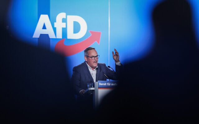 Martin Reichardt, the far-right Alternative for Germany (AfD) party's chairman for the state of Saxony-Anhalt, speaks at the AfD's federal party congress at the trade fair in Magdeburg, eastern Germany on July 28, 2023. (Photo by Ronny HARTMANN / AFP) Martin Reichardt, the far-right Alternative for Germany (AfD) party's chairman for the state of Saxony-Anhalt, speaks at the AfD's federal party congress at the trade fair in Magdeburg, eastern Germany on July 28, 2023. (Photo by Ronny HARTMANN / AFP)