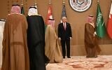 US President Donald Trump stands with Gulf leaders for a group photo during a meeting he attended with the six-nation Gulf Cooperation Council (GCC) in Riyadh on May 14, 2025. (Brendan SMIALOWSKI / AFP)