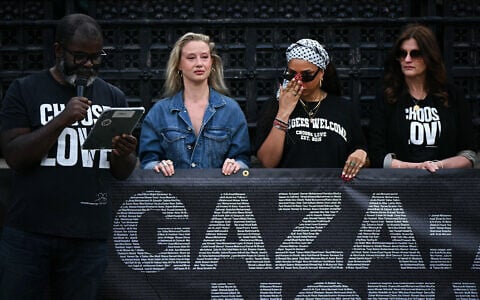 Misan Harriman, left, at a demonstration organized by the NGO Choose Love Europe outside the Houses of Parliament in London, May 29, 2025. (Photo by Justin TALLIS / AFP)